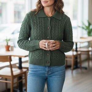 Shades Of Aran Ireland Green 100% Wool Chunky Cardigan Sweater